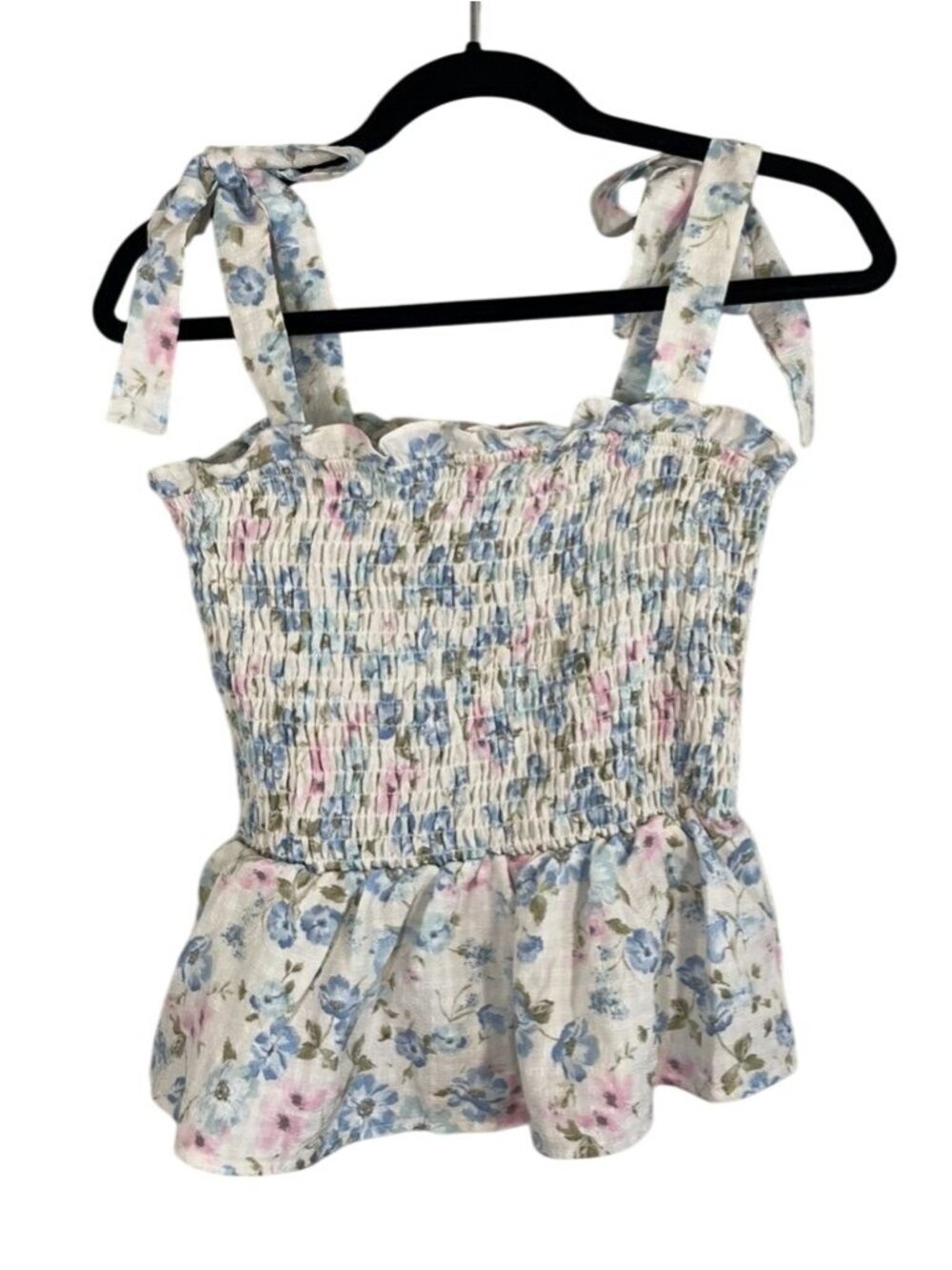 Colorful Floral Smock Peplum Crop Top Blue M Boho Indie Festival Summer Cottage
